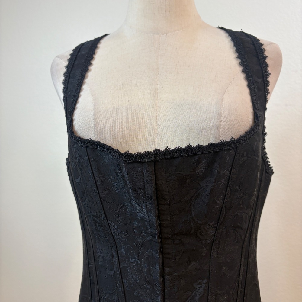 iCollection Corset Top Women Size 44 Black Floral Jacquard Lace Trim Goth Vamp - Picture 3 of 8